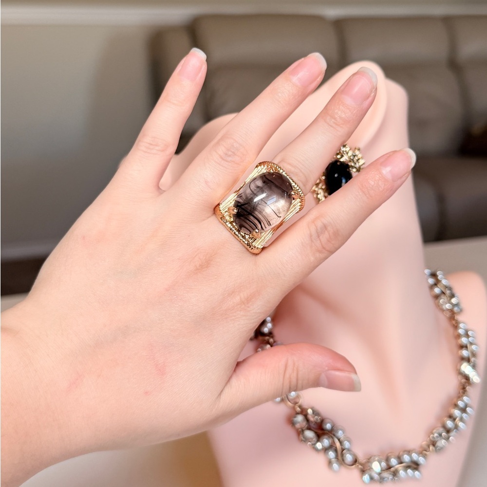 Gold Wide Band Ring with Smoky Gray Cabochon - Picture 3 of 8
